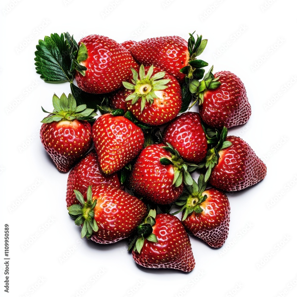 A cluster of fresh strawberries with leaves, isolated white background, abstract art style A cluster of fresh strawberries with leaves, isolated white background, abstract art style