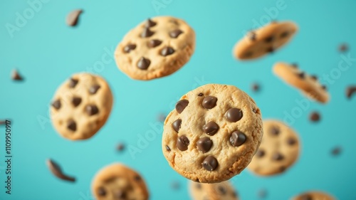 A single chocolate chip cookie suspended in mid-air against a blue background, surrounded by other cookies in various states of motion.