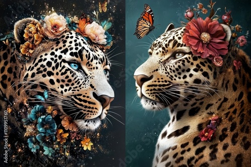 A beautiful depiction of a leopard with a butterfly resting on its neck. photo