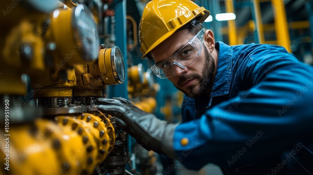 © 楠 刘 - The technician is wearing blue work clothes and safety goggles and carrying out maintenance work on the natural gas compression station. Large compressors are displayed in the background © 楠 刘 - The technician is wearing blue work clothes and safety goggles and carrying out maintenance work on the natural gas compression station. Large compressors are displayed in the background