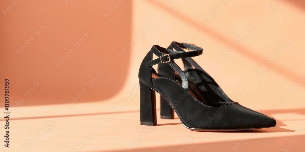 Elegant black suede heels with ankle strap and chunky heels on a peach colored background Elegant black suede heels with ankle strap and chunky heels on a peach colored background
