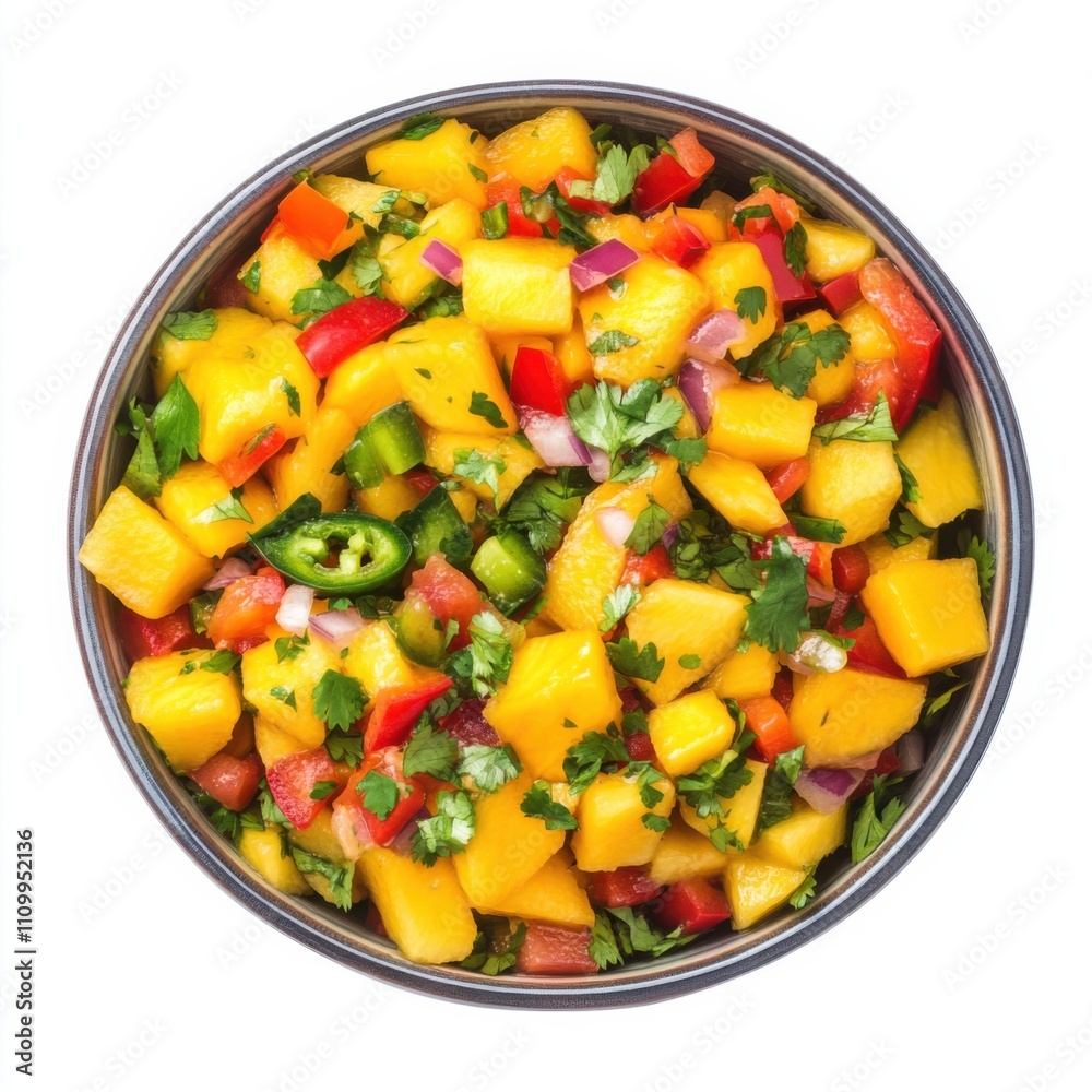 A colorful bowl of fresh mango salsa with diced mango, red bell pepper, jalape帽o A colorful bowl of fresh mango salsa with diced mango, red bell pepper, jalape帽o