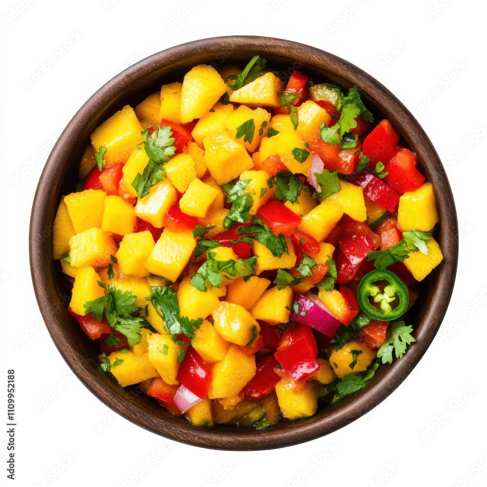 A colorful bowl of fresh mango salsa with diced mango, red bell pepper, jalape帽o A colorful bowl of fresh mango salsa with diced mango, red bell pepper, jalape帽o