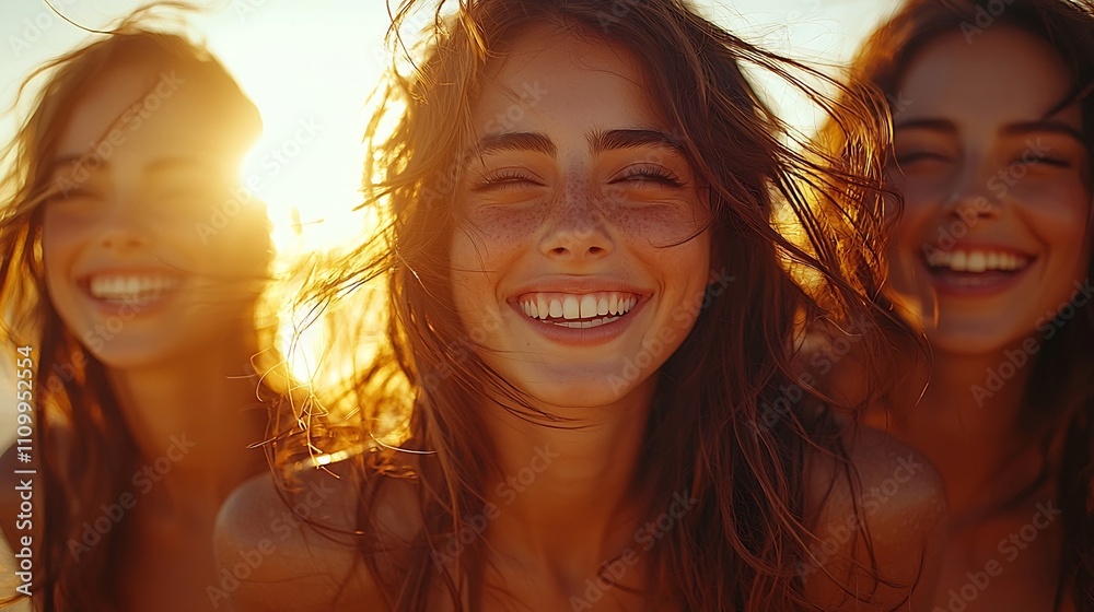 Joyful Friends Laughing Together in Warm Sunset Glow Expressing Genuine Happiness and Carefree Spirit Joyful Friends Laughing Together in Warm Sunset Glow Expressing Genuine Happiness and Carefree Spirit
