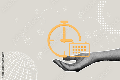  Fashionable halftone collage. Concept of time management, scheduling, increase efficiency by scheduling work and reduce working time, time is money. 