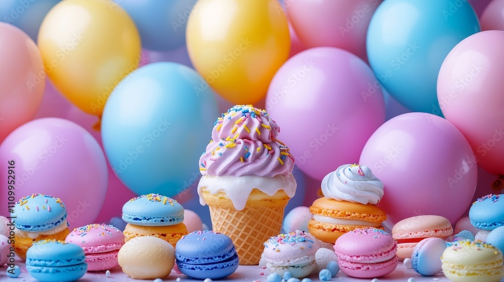 Obraz premium A brightly colored background featuring soft toned balloons, donuts, and ice cream cones, with various colored and shaped macarons placed at the bottom, creating a joyful and celebratory atmosphere.