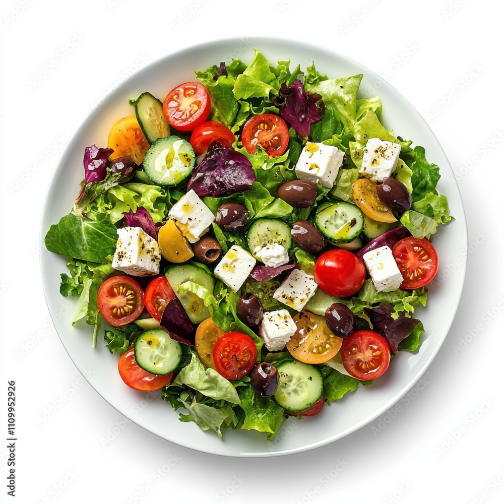 A colorful Greek salad with mixed greens, cherry tomatoes, cucumber A colorful Greek salad with mixed greens, cherry tomatoes, cucumber
