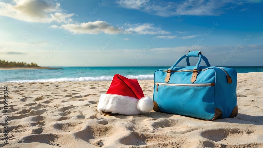 Travel bag on the bright beautiful blue beach with santa hat and copy space - Trip planning on Christmas holiday - vacation getaway journey - budgeting for unforgettable ideal destination Travel bag on the bright beautiful blue beach with santa hat and copy space - Trip planning on Christmas holiday - vacation getaway journey - budgeting for unforgettable ideal destination