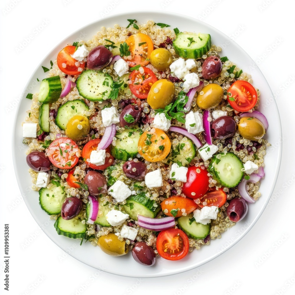 A colorful Mediterranean quinoa salad with cherry tomatoes, cucumbers, olives A colorful Mediterranean quinoa salad with cherry tomatoes, cucumbers, olives