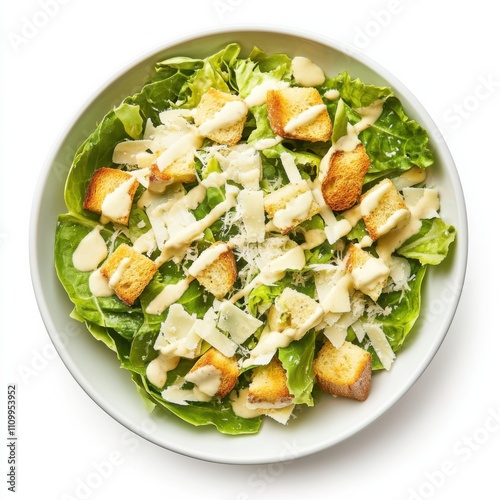 A creamy Caesar salad with romaine lettuce, parmesan shavings, and garlic croutons