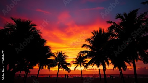 Silhouettes of palm trees stand tall against a vibrant tropical sunset, casting long shadows on the sandy beach as the sun dips below the horizon.