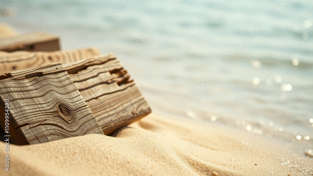 Weathered Wooden Planks Resting on a Sandy Beach, Bathed in the Gentle Glow of Sunlight