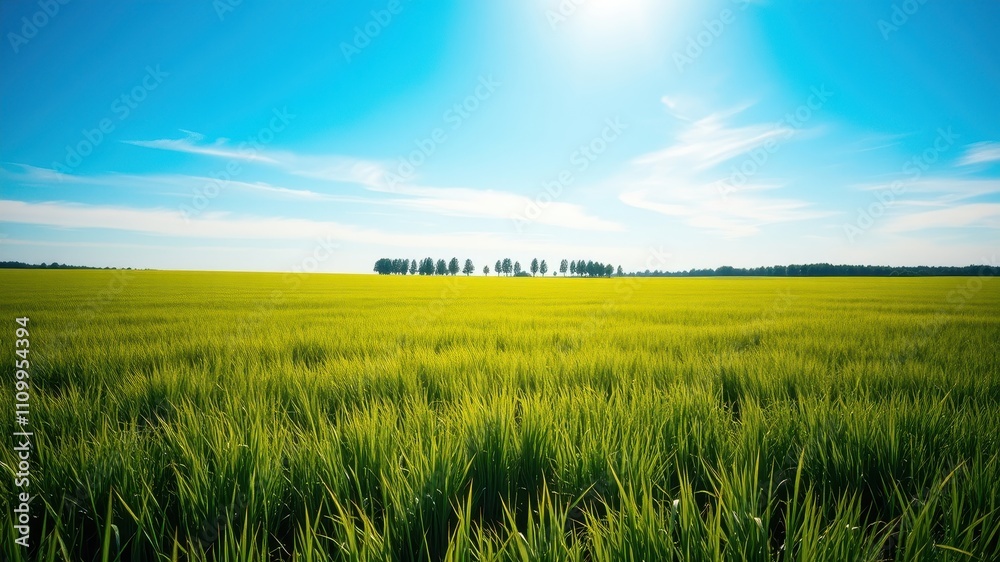Obraz premium A vast expanse of vibrant green grass under a clear blue sky, with a thin line of trees on the horizon, bathed in the warm glow of the sun.