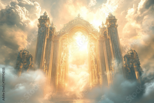 An ethereal gateway to heaven with intricate carvings and shimmering golden hues
