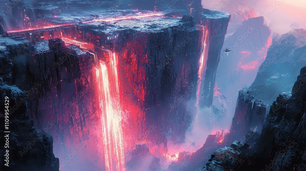 A surreal canyon illuminated by waterfalls of digital light cascading between jagged cliffs. Glowing bridges connect distant tech outposts, and robotic explorers traverse the rugged terrain. A surreal canyon illuminated by waterfalls of digital light cascading between jagged cliffs. Glowing bridges connect distant tech outposts, and robotic explorers traverse the rugged terrain.