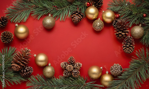 top-view christmas background, red, top view photo of golden Christmas tree balls and green Christmas wreath or advent decoration as Christmas decoration, pine cones on fir branches