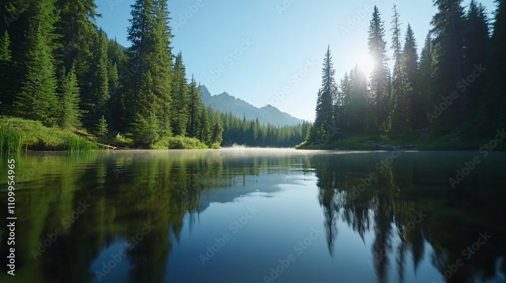 Serene lake surrounded by lush trees and mountains at sunrise. Serene lake surrounded by lush trees and mountains at sunrise.