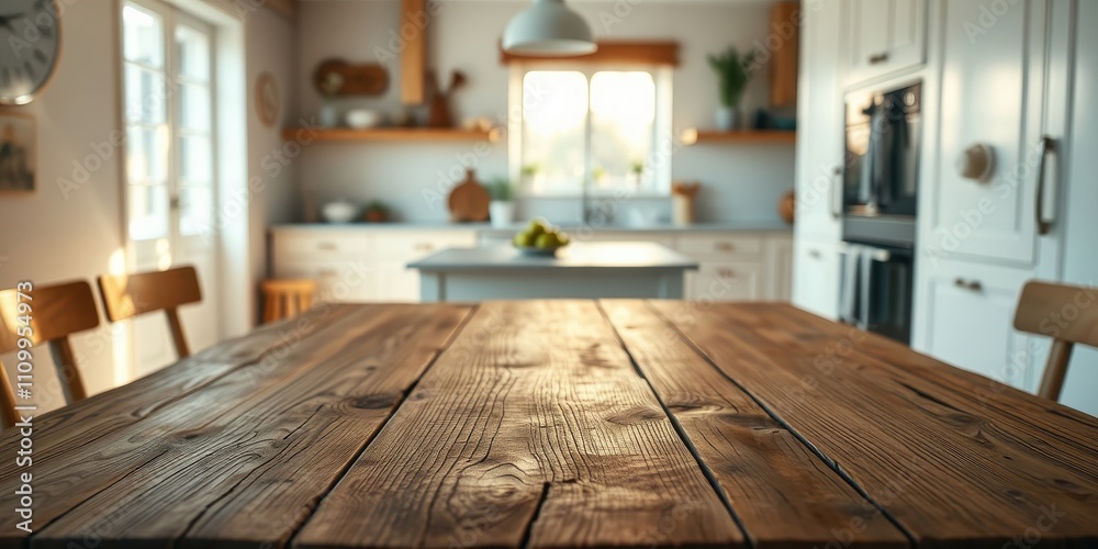 Fototapeta premium A wooden table with a blurred background of a kitchen with white cabinets, a window, and shelves