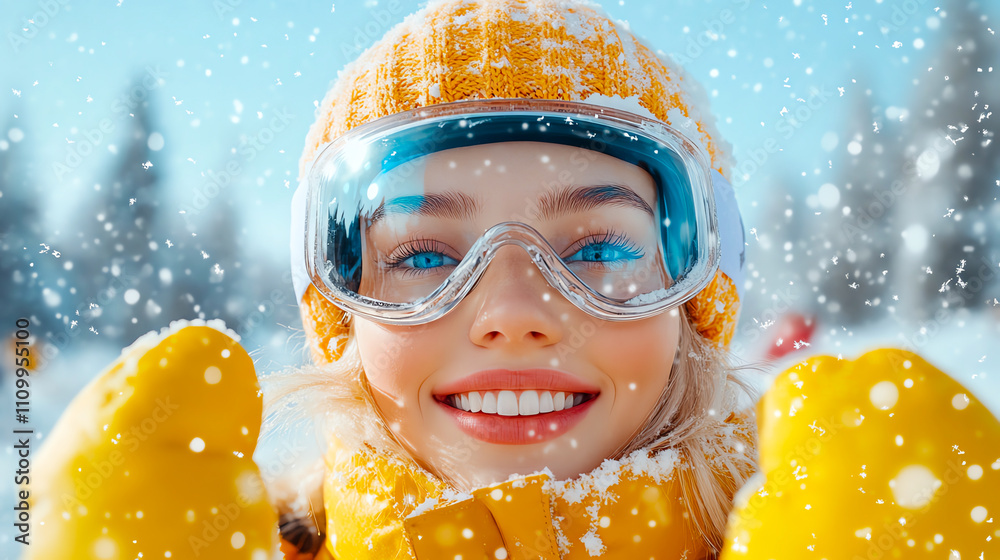 Smiling person enjoying a snowy winter day with goggles and yellow coat. Captures joy and excitement in fresh snowfall. Smiling person enjoying a snowy winter day with goggles and yellow coat. Captures joy and excitement in fresh snowfall.
