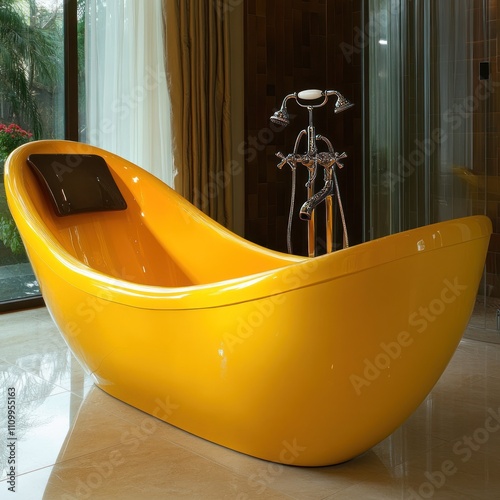 Yellow freestanding bathtub in modern bathroom. photo