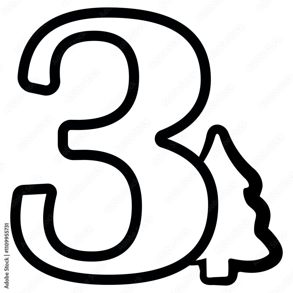 simple number three design with Christmas design, namely Christmas tree drawn in black outline, for Christmas designs, patterns or posters simple number three design with Christmas design, namely Christmas tree drawn in black outline, for Christmas designs, patterns or posters