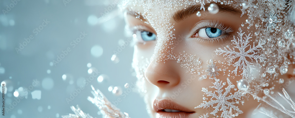 Close-up of a serene face adorned with intricate snowflake art, capturing a winter wonderland essence and calm serenity. Close-up of a serene face adorned with intricate snowflake art, capturing a winter wonderland essence and calm serenity.