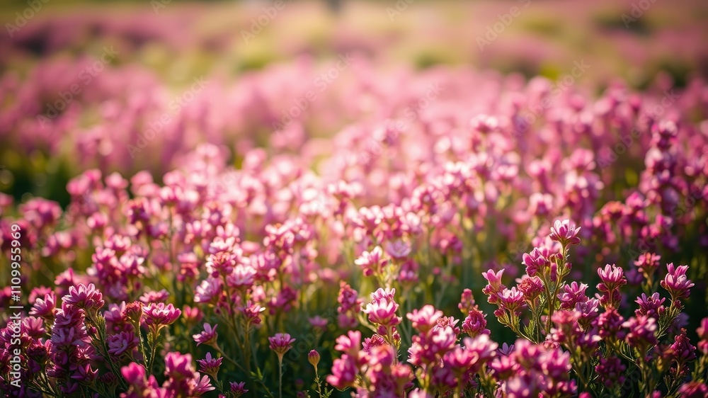 Naklejka premium A close-up view of a field of pink wildflowers in bloom, bathed in soft sunlight, creating a dreamy and romantic atmosphere.