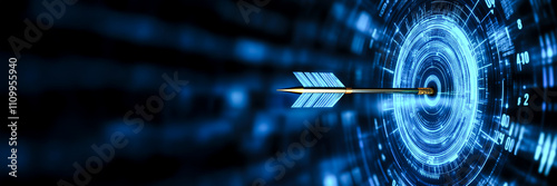 Digital arrow hitting a glowing blue target symbolizing precision and success in technology. Futuristic design with blue tones.