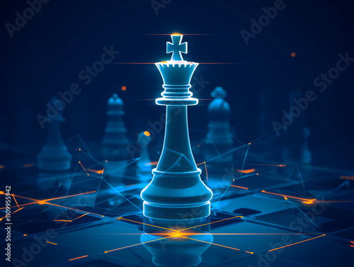 Digital chess king with glowing lines on futuristic board, representing strategy and intelligence.