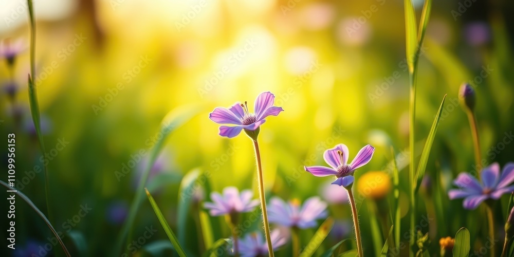 Obraz premium Delicate Purple Flowers in a Meadow with a Soft Golden Glow of Sunset