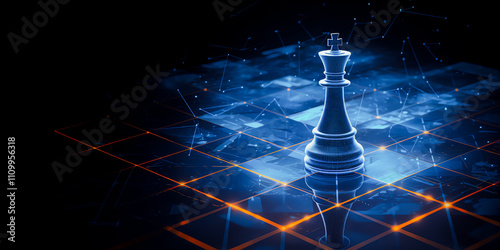 Futuristic digital chess landscape with a glowing blue king piece on a dark grid background, symbolizing strategy and innovation.