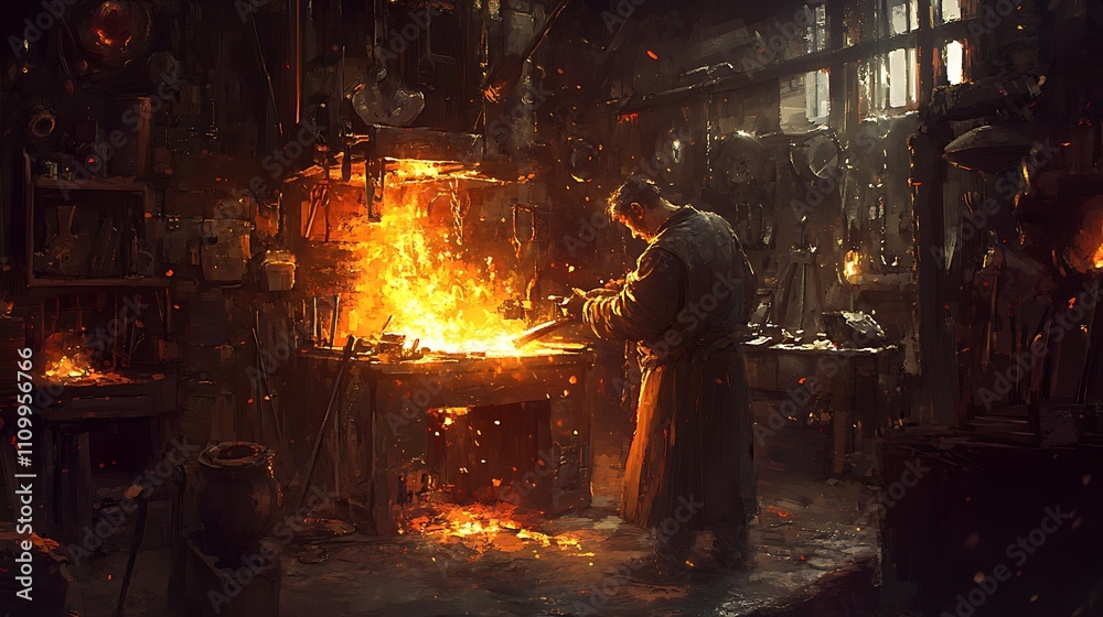 Blacksmith working in his fiery forge, shaping metal. Blacksmith working in his fiery forge, shaping metal.