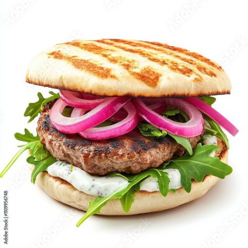 A flavorful lamb burger with a mint yogurt sauce, pickled red onions, and fresh arugula on a toasted pita bun