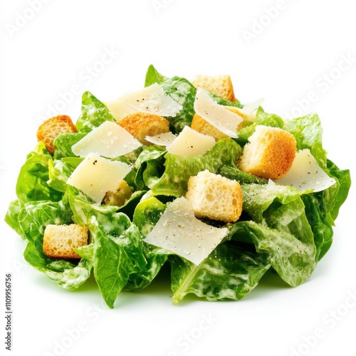 A fresh and tangy Caesar salad with crispy romaine lettuce, croutons, and shaved parmesan cheese photo