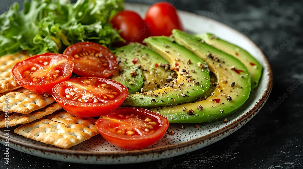 A vibrant plate featuring sliced avocado, fresh tomatoes, lettuce, and crackers, showcasing a healthy, appetizing meal. A vibrant plate featuring sliced avocado, fresh tomatoes, lettuce, and crackers, showcasing a healthy, appetizing meal.