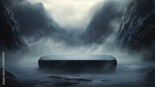 A mysterious monolithic altar surrounded by mist and dark mountains, perfect for fantasy-themed events, ancient civilization discussions, or promotional materials for mystical products. photo