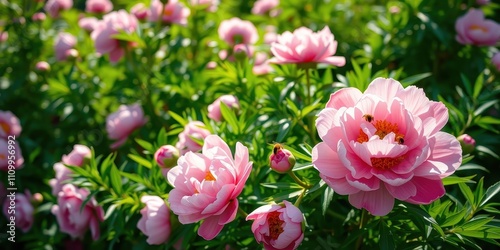 A vibrant pink peony blossom in full bloom, surrounded by other flowers and buds, with two bees diligently working their way through the pollen-rich petals.