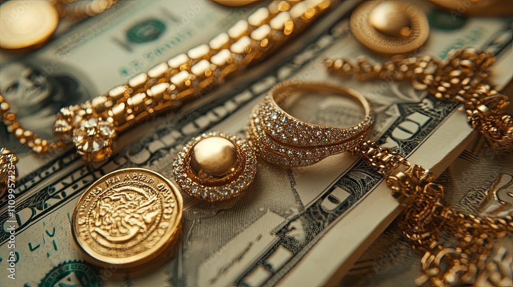 Gold Jewelry And Money Resting On Dollar Bills Gold Jewelry And Money Resting On Dollar Bills