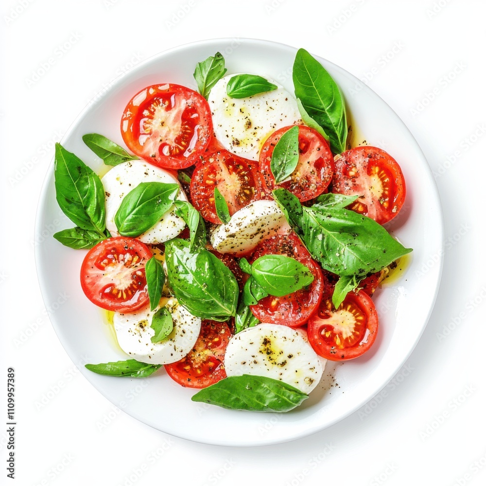 A fresh Caprese salad with ripe tomatoes, mozzarella cheese, and basil leaves A fresh Caprese salad with ripe tomatoes, mozzarella cheese, and basil leaves