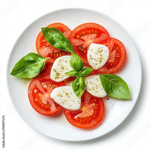 A fresh caprese salad with ripe tomatoes and basil leaves, isolated white background, minimalism art style