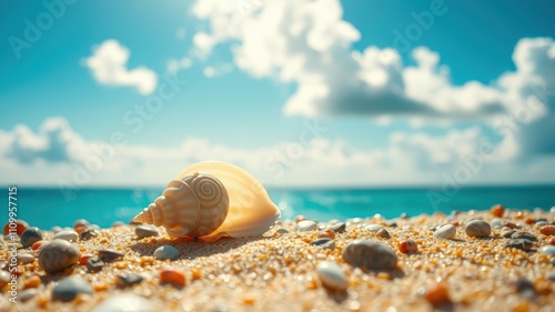 A seashell rests on the sandy shore of a beach, its intricate details catching the light from a bright blue sky above, creating a serene image of summer tranquility.