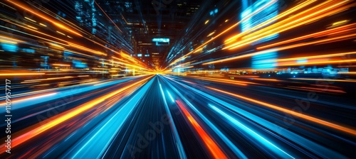 Light glow city night with speed blur effect. Generative AI technology.	
