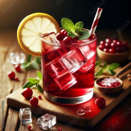 A glass filled with a red beverage, likely a cranberry drink, containing ice cubes, fresh cranberries, and a straw. It is garnished with a lemon slice and a sprig of mint. photo