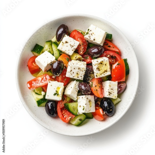 A fresh Greek salad with feta cheese and olives, isolated white background, impressionist art style