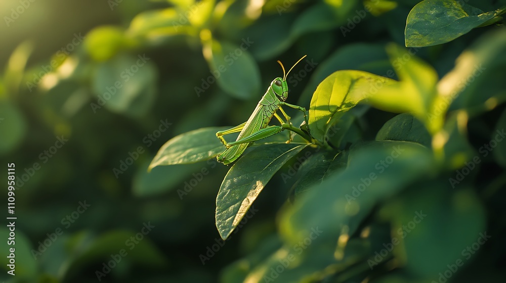 Green Grasshopper Perched on Lush Green Foliage Green Grasshopper Perched on Lush Green Foliage