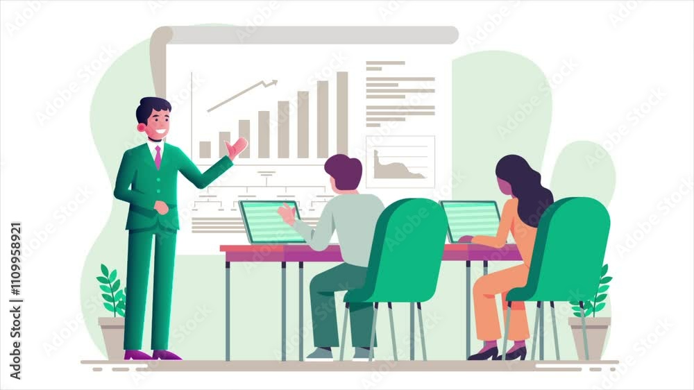 Business man, presentation and graph screen in office for training, meeting or workshop. Men and women at table to listen to speaker, business meeting in office Business man, presentation and graph screen in office for training, meeting or workshop. Men and women at table to listen to speaker, business meeting in office