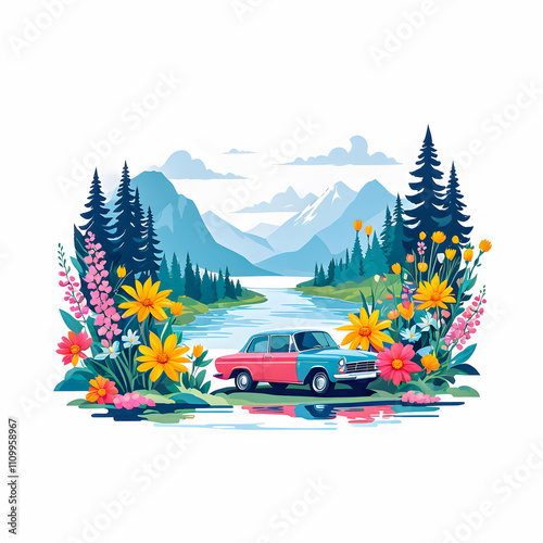 illustration of car near river surrounded by colorful flowers on white background.