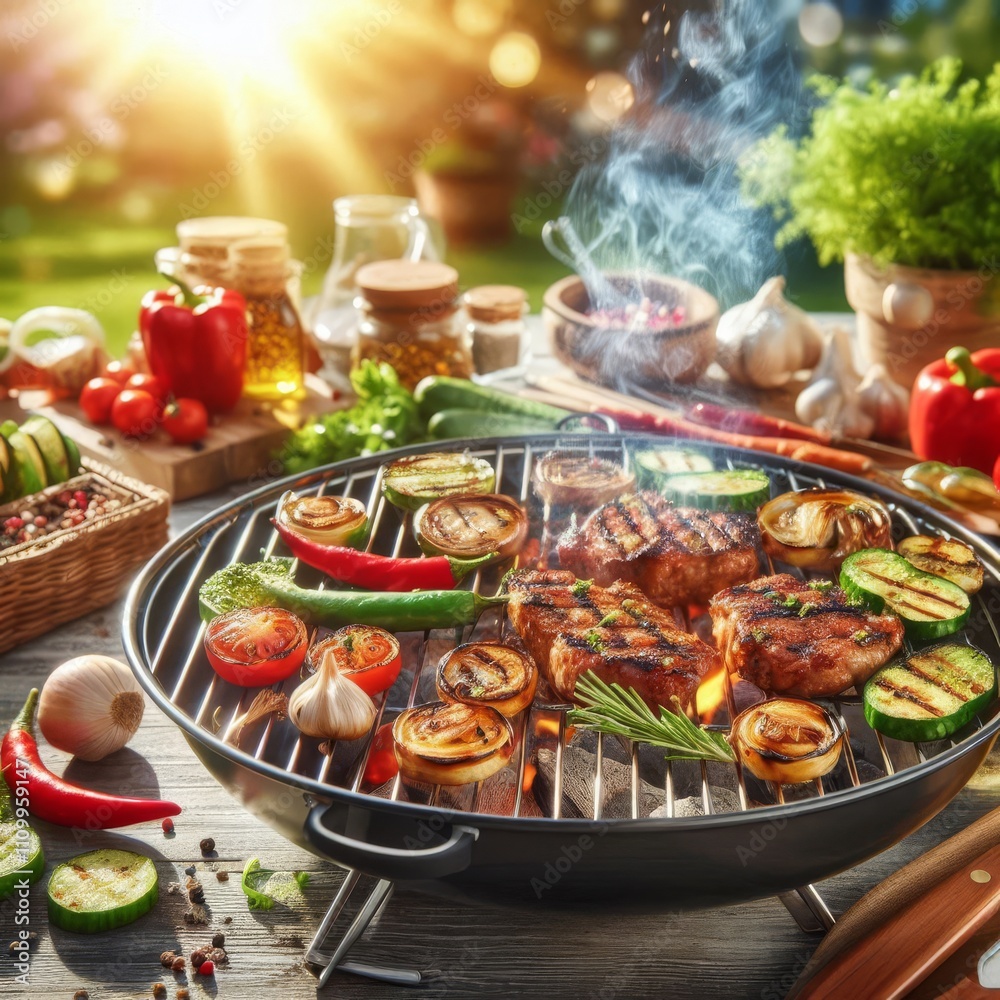 Barbecue of delicious fried meat and vegetables on the grill outdoors. Sunny day, blurred background.
Barbecue of delicious fried meat and vegetables on the grill outdoors. Sunny day, blurred background.