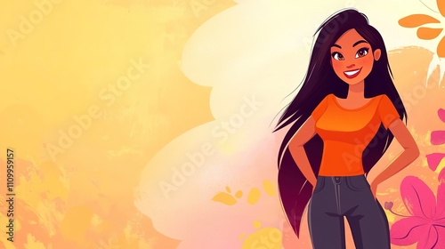 Cartoon woman on a vibrant cartoon background, featuring bold colors, playful elements, and expressive character design, ideal for creative projects, animation, or storytelling visuals. photo