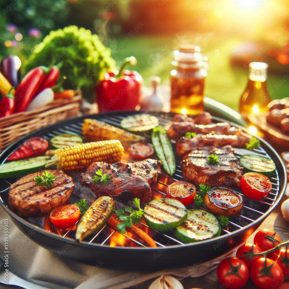 Barbecue of delicious fried meat and vegetables on the grill outdoors. Sunny day, blurred background.
Barbecue of delicious fried meat and vegetables on the grill outdoors. Sunny day, blurred background.